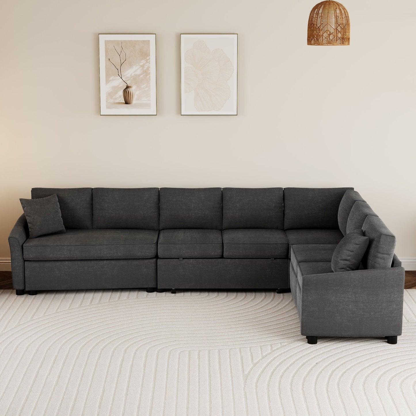 Canapé sectionnel moderne en chenille en forme de L avec lit gigogne, ports de charge USB et prises de courant pour le salon