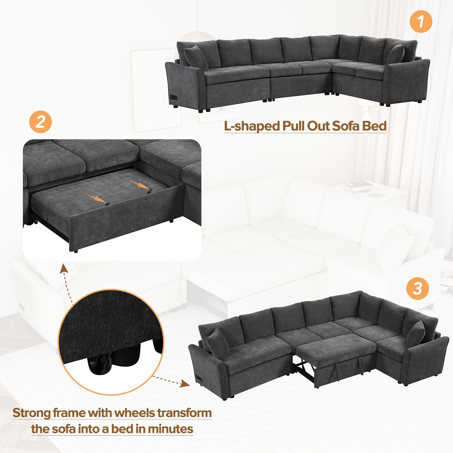 Canapé sectionnel moderne en chenille en forme de L avec lit gigogne, ports de charge USB et prises de courant pour le salon