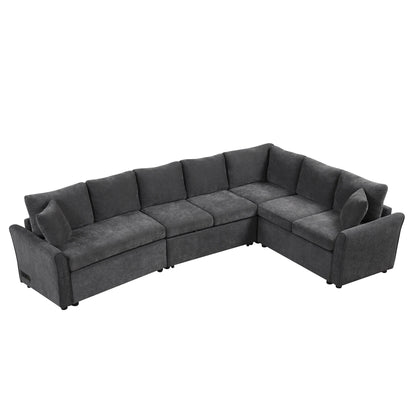 Canapé sectionnel moderne en chenille en forme de L avec lit gigogne, ports de charge USB et prises de courant pour le salon