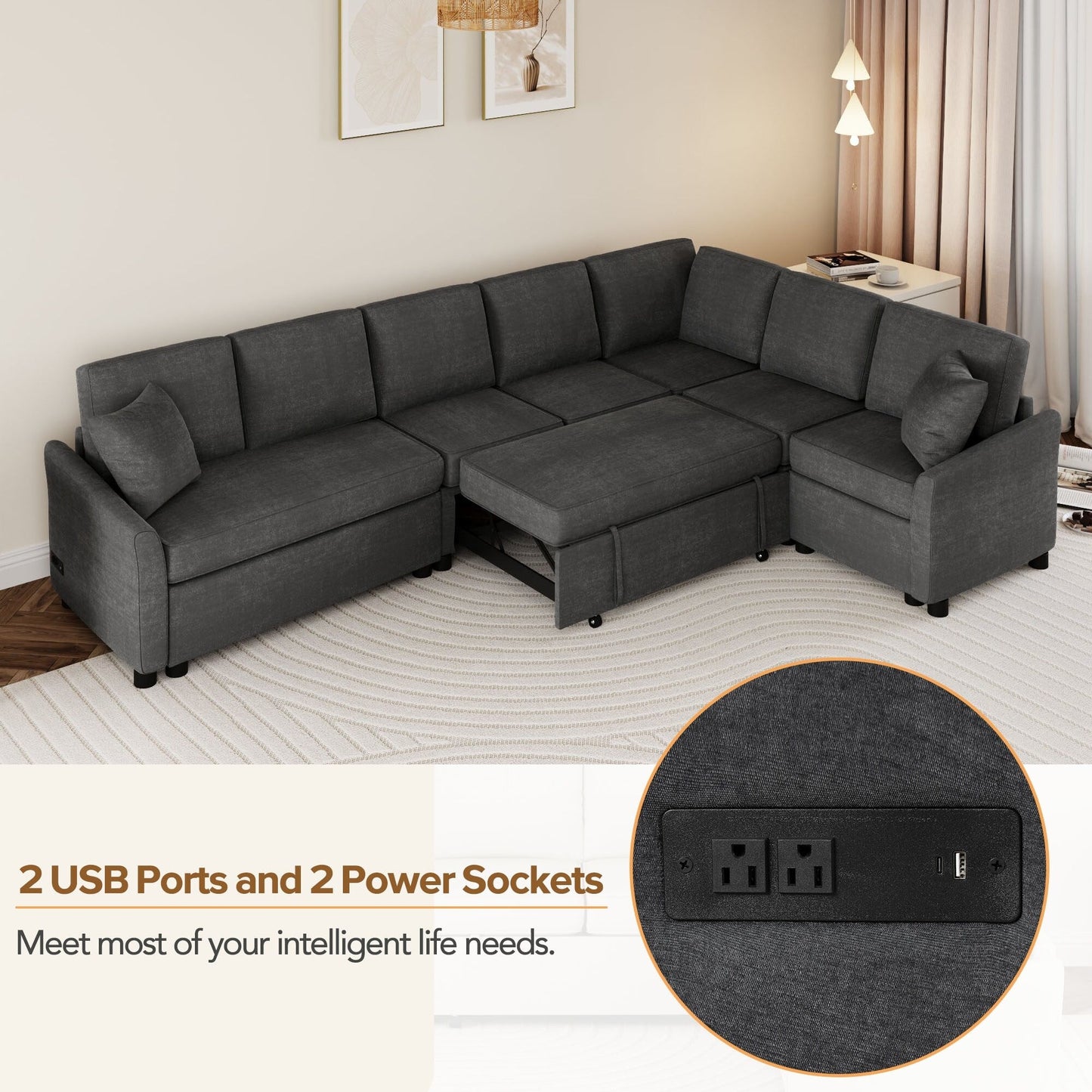 Canapé sectionnel moderne en chenille en forme de L avec lit gigogne, ports de charge USB et prises de courant pour le salon
