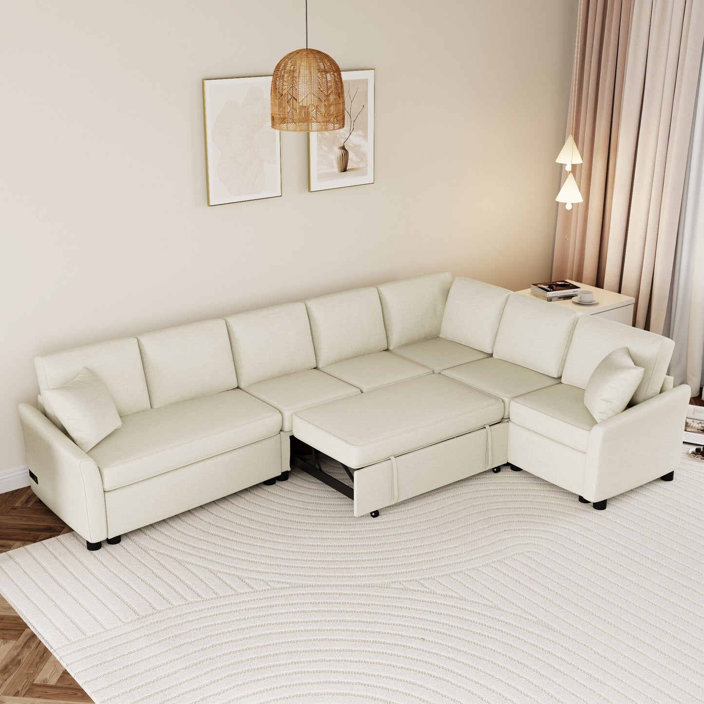 Canapé sectionnel moderne en chenille en forme de L avec lit gigogne, ports de charge USB et prises de courant pour le salon