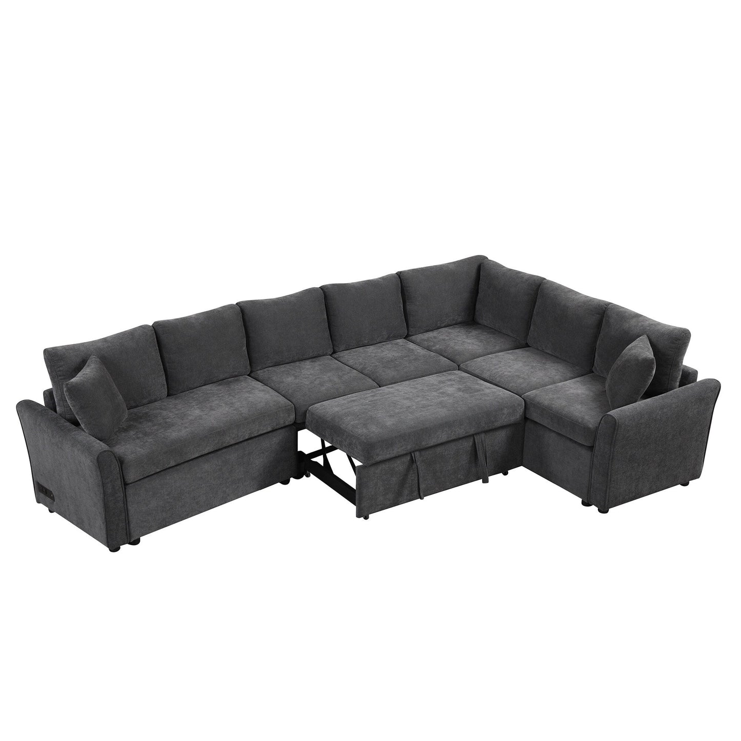 Canapé sectionnel moderne en chenille en forme de L avec lit gigogne, ports de charge USB et prises de courant pour le salon