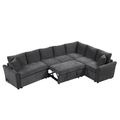 Canapé sectionnel moderne en chenille en forme de L avec lit gigogne, ports de charge USB et prises de courant pour le salon