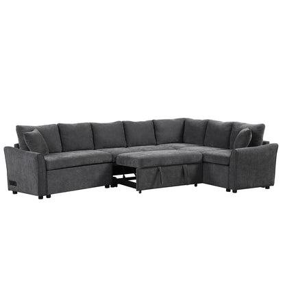 Canapé sectionnel moderne en chenille en forme de L avec lit gigogne, ports de charge USB et prises de courant pour le salon