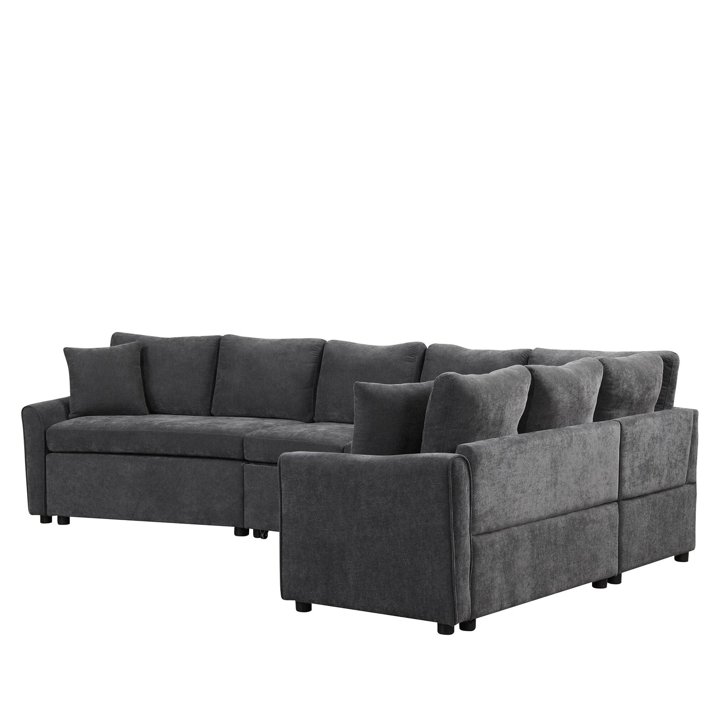 Canapé sectionnel moderne en chenille en forme de L avec lit gigogne, ports de charge USB et prises de courant pour le salon