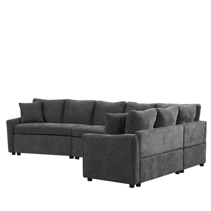 Canapé sectionnel moderne en chenille en forme de L avec lit gigogne, ports de charge USB et prises de courant pour le salon
