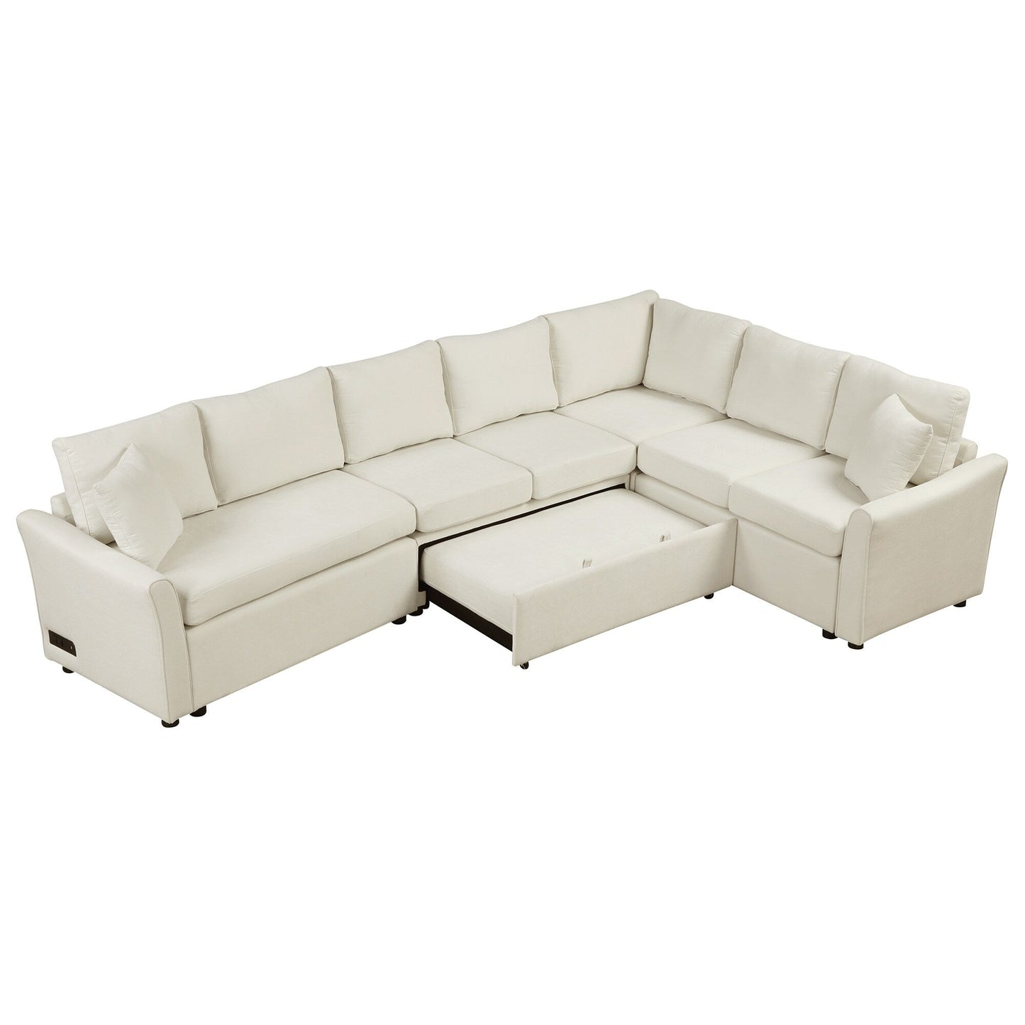 Canapé sectionnel moderne en chenille en forme de L avec lit gigogne, ports de charge USB et prises de courant pour le salon