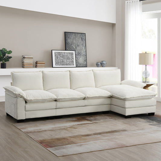 Canapé sectionnel moderne en chenille avec coussins doubles, poches de rangement, rembourré, canapé nuage en forme de L avec méridienne réversible