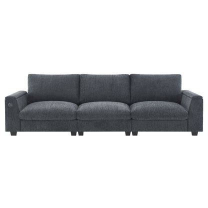 Canapé sectionnel moderne en chenille avec table rabattable, haut-parleurs Bluetooth, chargeur USB, porte-gobelets et rangement dissimulé dans l'accoudoir
