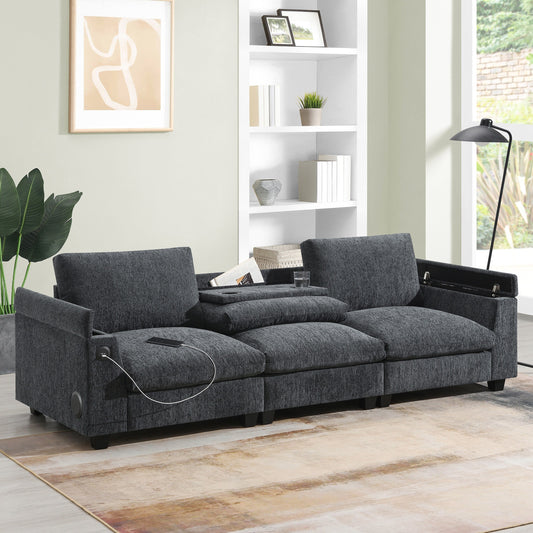 Canapé sectionnel moderne en chenille avec table rabattable, haut-parleurs Bluetooth, chargeur USB, porte-gobelets et rangement dissimulé dans l'accoudoir