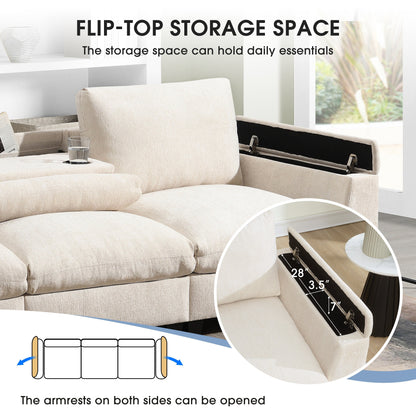 Canapé sectionnel moderne en chenille avec table rabattable, haut-parleurs Bluetooth, chargeur USB, porte-gobelets et rangement dissimulé dans l'accoudoir