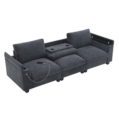 Canapé sectionnel moderne en chenille avec table rabattable, haut-parleurs Bluetooth, chargeur USB, porte-gobelets et rangement dissimulé dans l'accoudoir