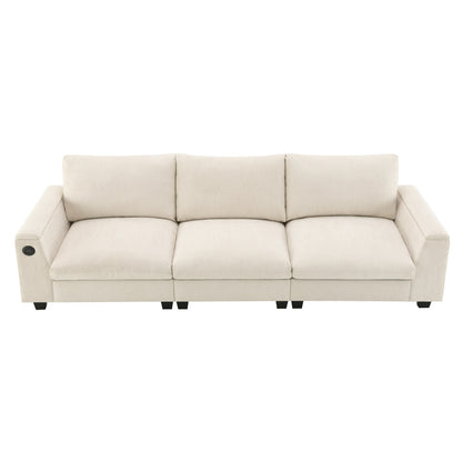 Canapé sectionnel moderne en chenille avec table rabattable, haut-parleurs Bluetooth, chargeur USB, porte-gobelets et rangement dissimulé dans l'accoudoir