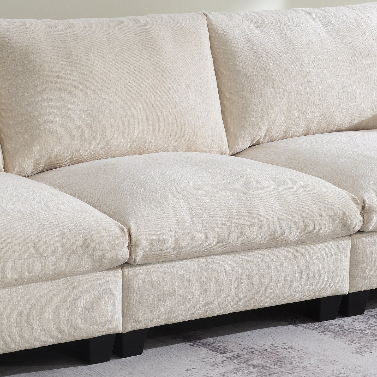 Canapé sectionnel moderne en chenille avec table rabattable, haut-parleurs Bluetooth, chargeur USB, porte-gobelets et rangement dissimulé dans l'accoudoir