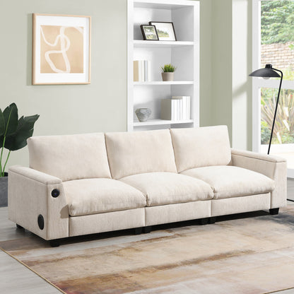 Canapé sectionnel moderne en chenille avec table rabattable, haut-parleurs Bluetooth, chargeur USB, porte-gobelets et rangement dissimulé dans l'accoudoir