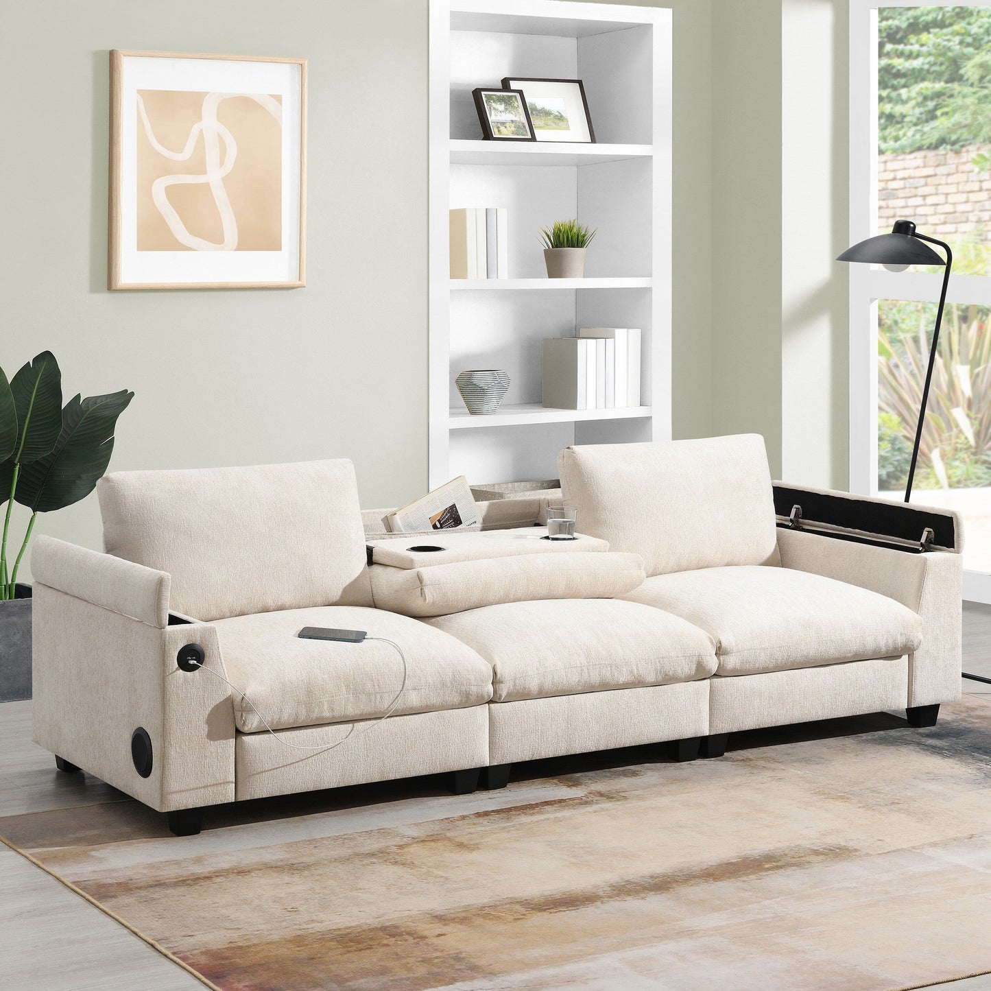 Canapé sectionnel moderne en chenille avec table rabattable, haut-parleurs Bluetooth, chargeur USB, porte-gobelets et rangement dissimulé dans l'accoudoir