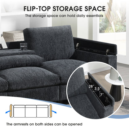 Canapé sectionnel moderne en chenille avec table rabattable, haut-parleurs Bluetooth, chargeur USB, porte-gobelets et rangement dissimulé dans l'accoudoir