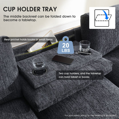 Canapé sectionnel moderne en chenille avec table rabattable, haut-parleurs Bluetooth, chargeur USB, porte-gobelets et rangement dissimulé dans l'accoudoir