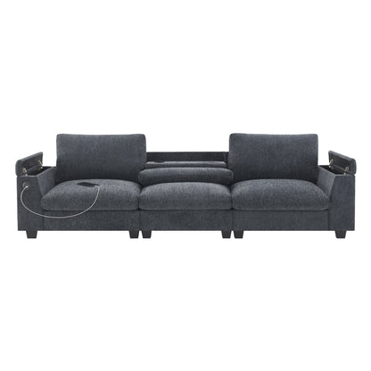 Canapé sectionnel moderne en chenille avec table rabattable, haut-parleurs Bluetooth, chargeur USB, porte-gobelets et rangement dissimulé dans l'accoudoir