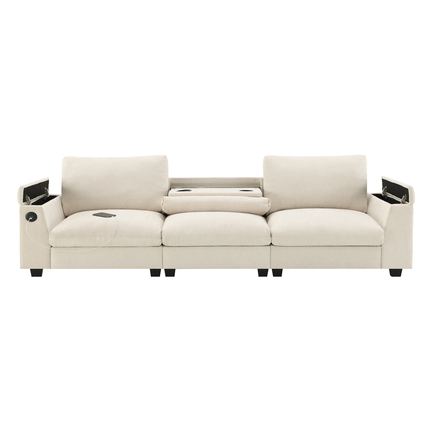 Canapé sectionnel moderne en chenille avec table rabattable, haut-parleurs Bluetooth, chargeur USB, porte-gobelets et rangement dissimulé dans l'accoudoir