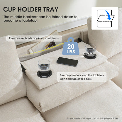 Canapé sectionnel moderne en chenille avec table rabattable, haut-parleurs Bluetooth, chargeur USB, porte-gobelets et rangement dissimulé dans l'accoudoir