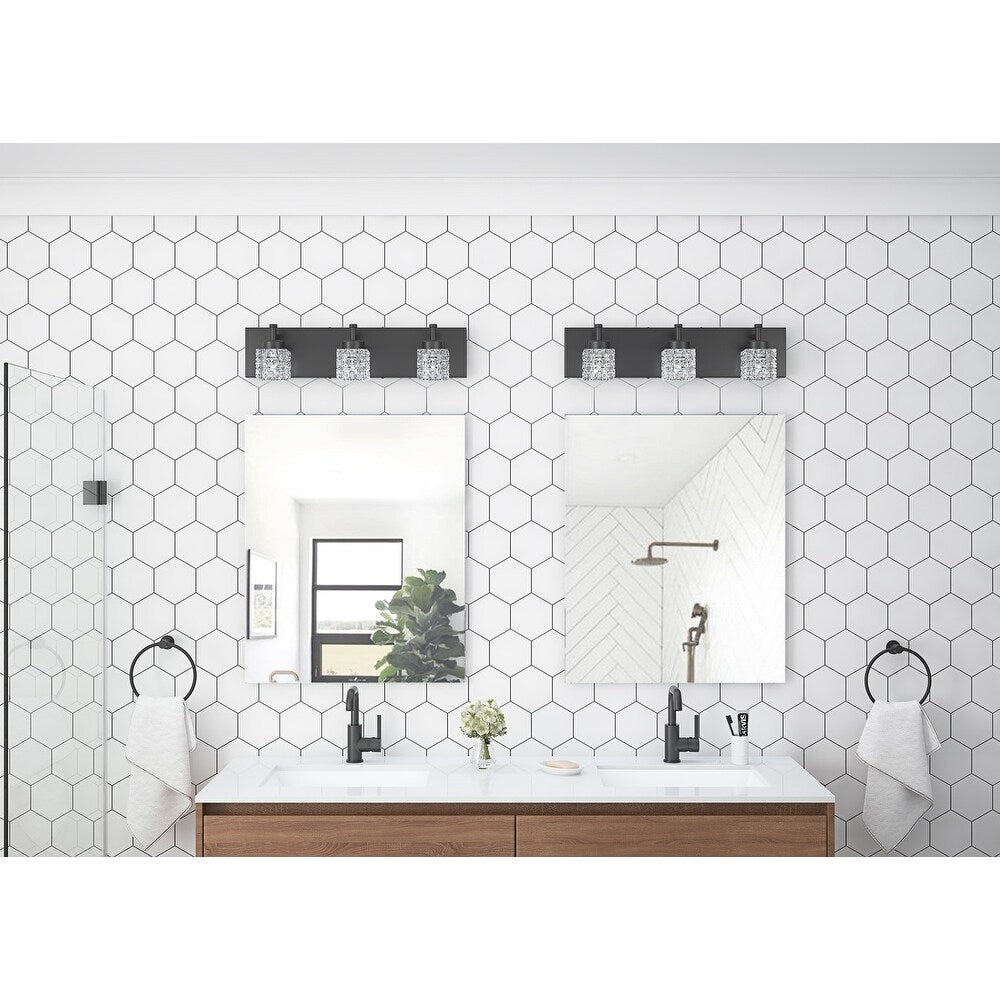 Luminaire de salle de bain moderne noir à 3 ampoules avec abat-jour en verre transparent