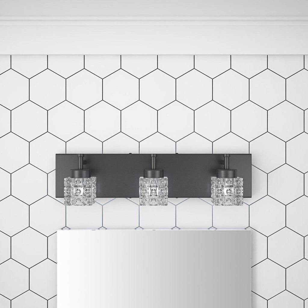 Luminaire de salle de bain moderne noir à 3 ampoules avec abat-jour en verre transparent