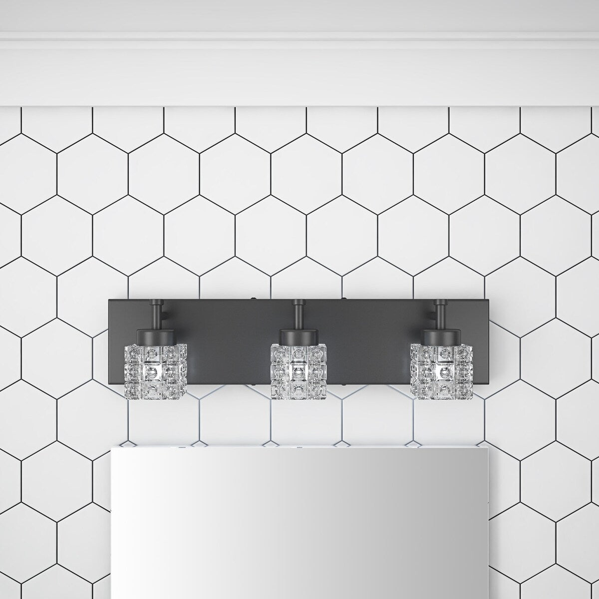 Luminaire de salle de bain moderne noir à 3 ampoules avec abat-jour en verre transparent