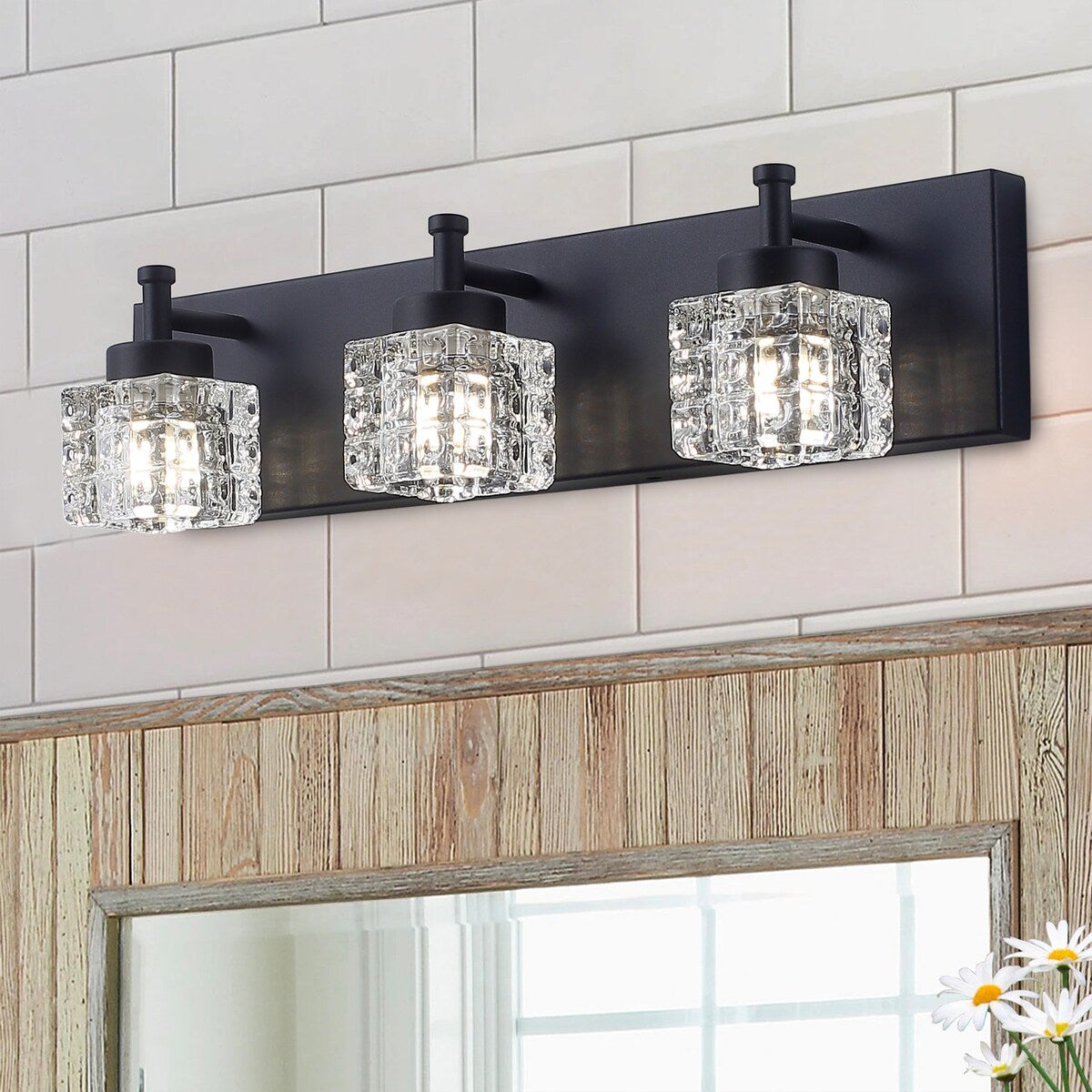 Luminaire de salle de bain moderne noir à 3 ampoules avec abat-jour en verre transparent