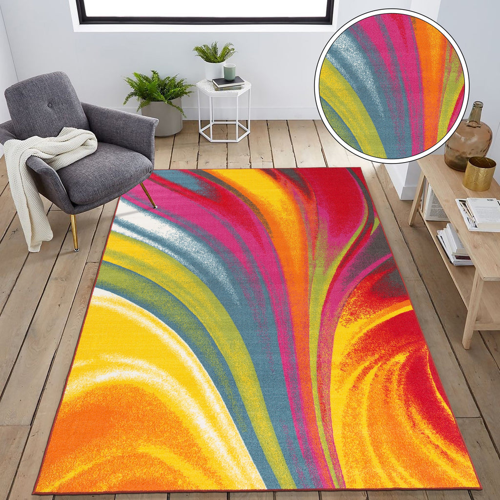Tapis antidérapant multicolore à vagues contemporaines et modernes de la World Rug Gallery