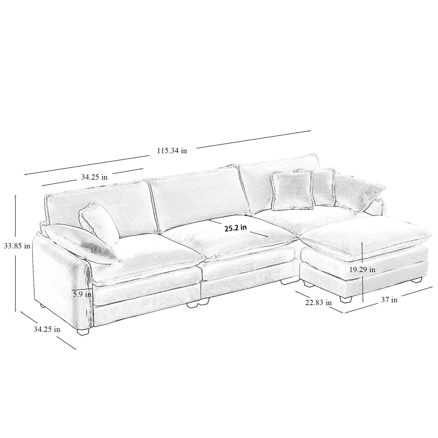 Canapé sectionnel moderne en velours côtelé en forme de L, canapé 3 places à assise profonde avec pouf pour le salon
