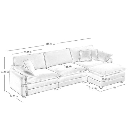 Canapé sectionnel moderne en velours côtelé en forme de L, canapé 3 places à assise profonde avec pouf pour le salon