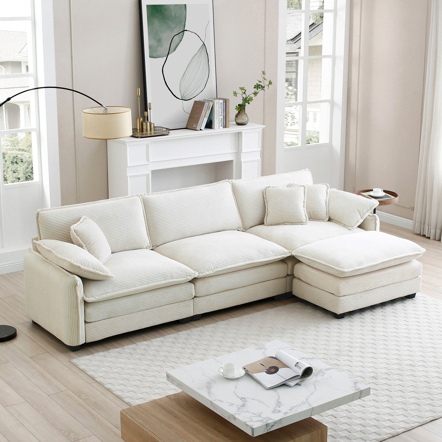 Canapé sectionnel moderne en velours côtelé en forme de L, canapé 3 places à assise profonde avec pouf pour le salon