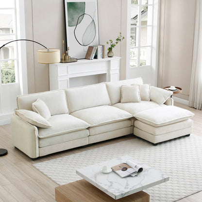 Canapé sectionnel moderne en velours côtelé en forme de L, canapé 3 places à assise profonde avec pouf pour le salon