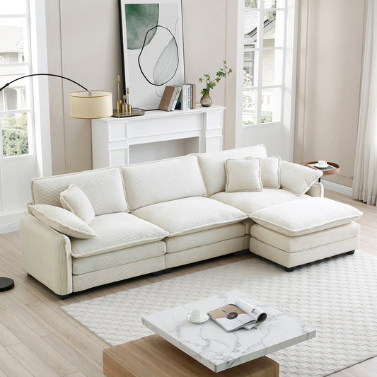 Canapé sectionnel moderne en velours côtelé en forme de L, canapé 3 places à assise profonde avec pouf pour le salon