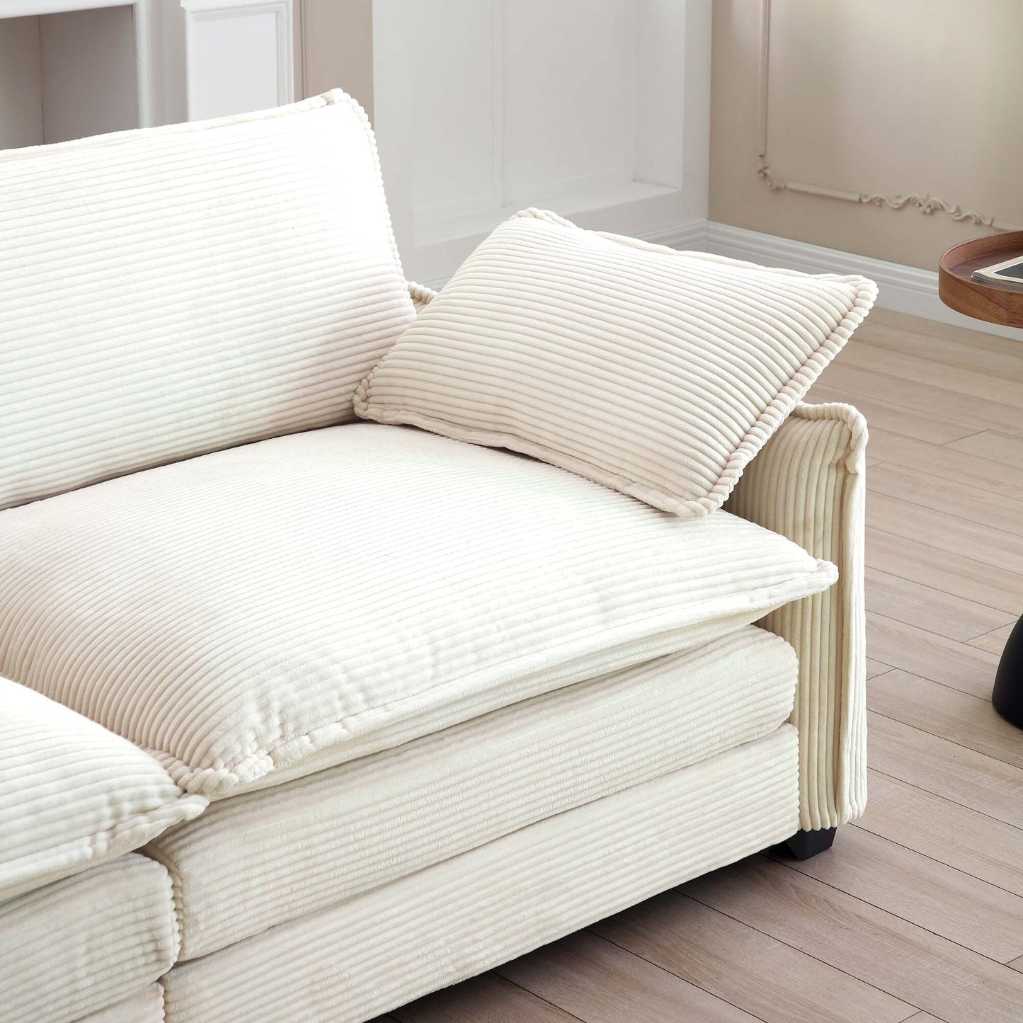 Canapé sectionnel moderne en velours côtelé en forme de L, canapé 3 places à assise profonde avec pouf pour le salon