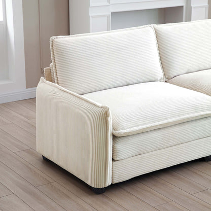 Canapé sectionnel moderne en velours côtelé en forme de L, canapé 3 places à assise profonde avec pouf pour le salon