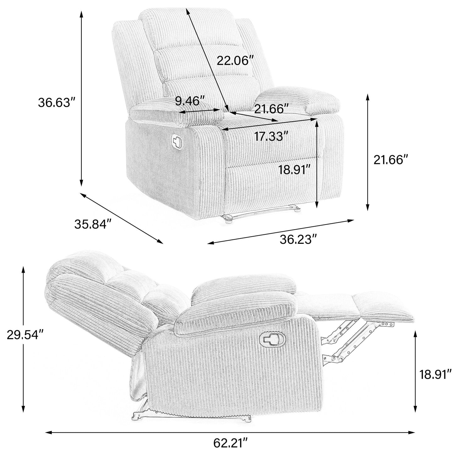 Fauteuil inclinable manuel moderne en velours côtelé, chaise longue inclinable réglable avec accoudoirs larges