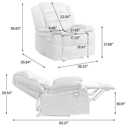 Fauteuil inclinable manuel moderne en velours côtelé, chaise longue inclinable réglable avec accoudoirs larges