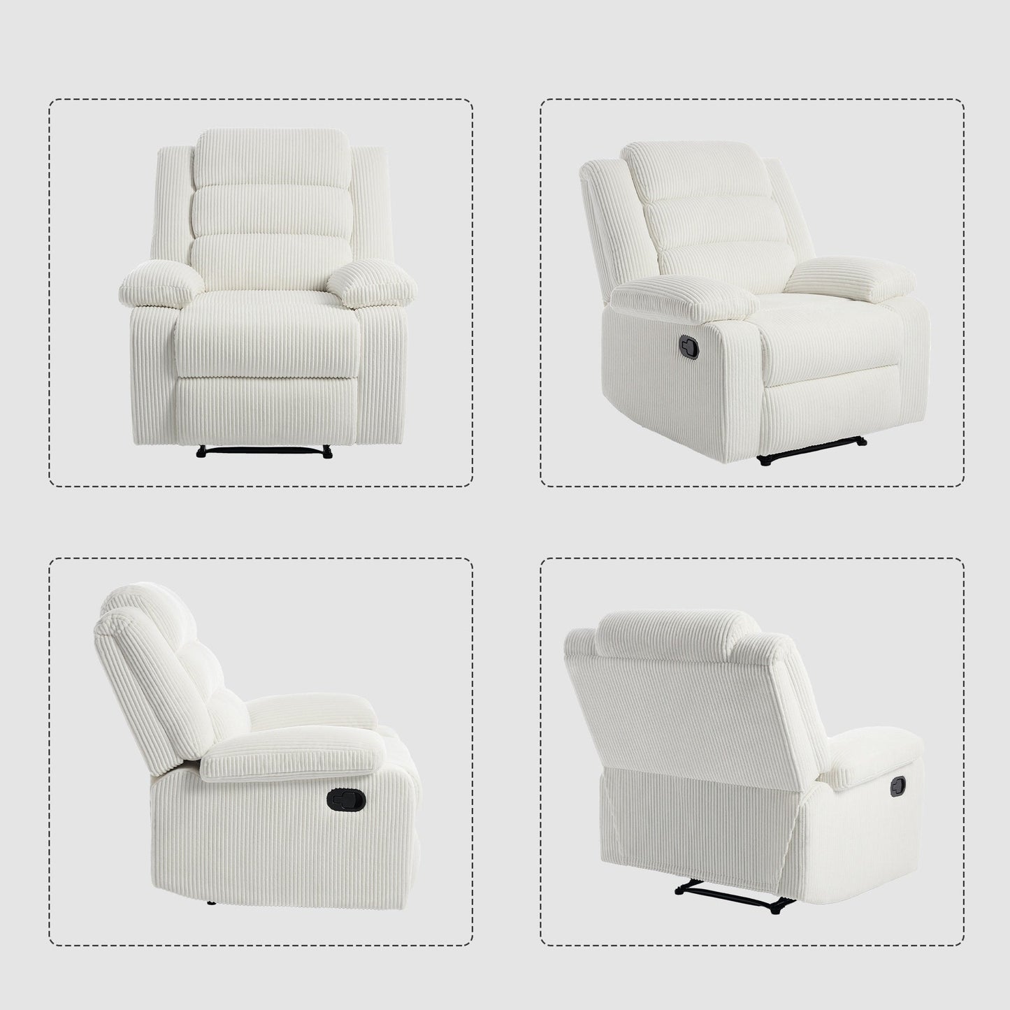 Fauteuil inclinable manuel moderne en velours côtelé, chaise longue inclinable réglable avec accoudoirs larges