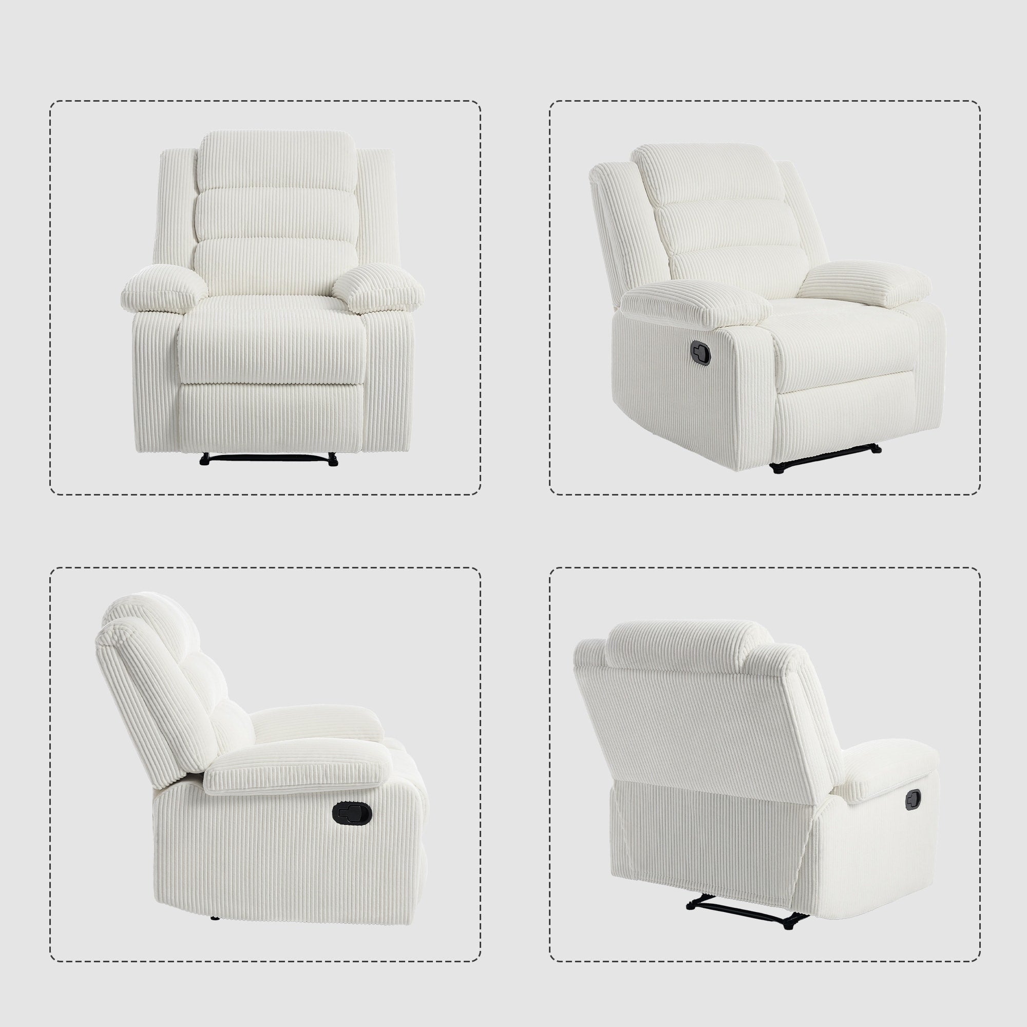 Fauteuil inclinable manuel moderne en velours côtelé, chaise longue inclinable réglable avec accoudoirs larges