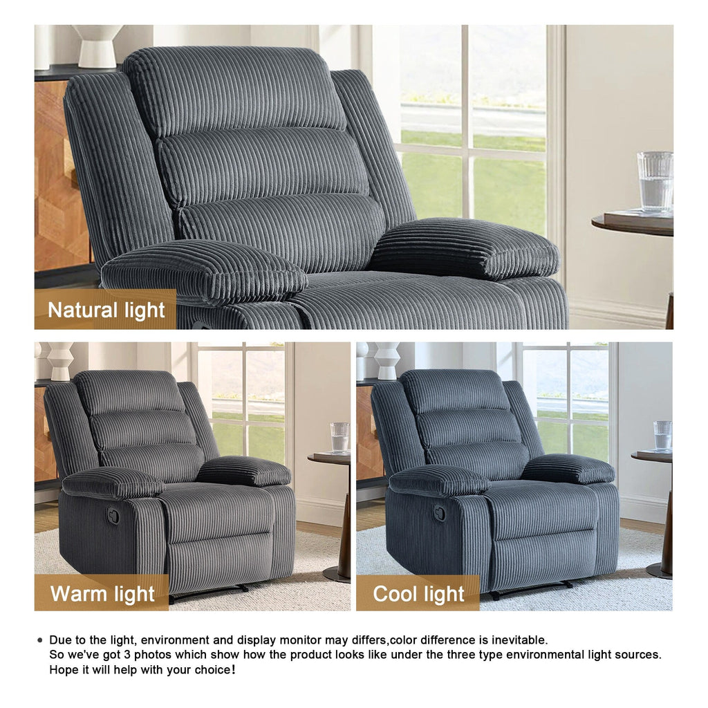 Fauteuil inclinable manuel moderne en velours côtelé, chaise longue inclinable réglable avec accoudoirs larges