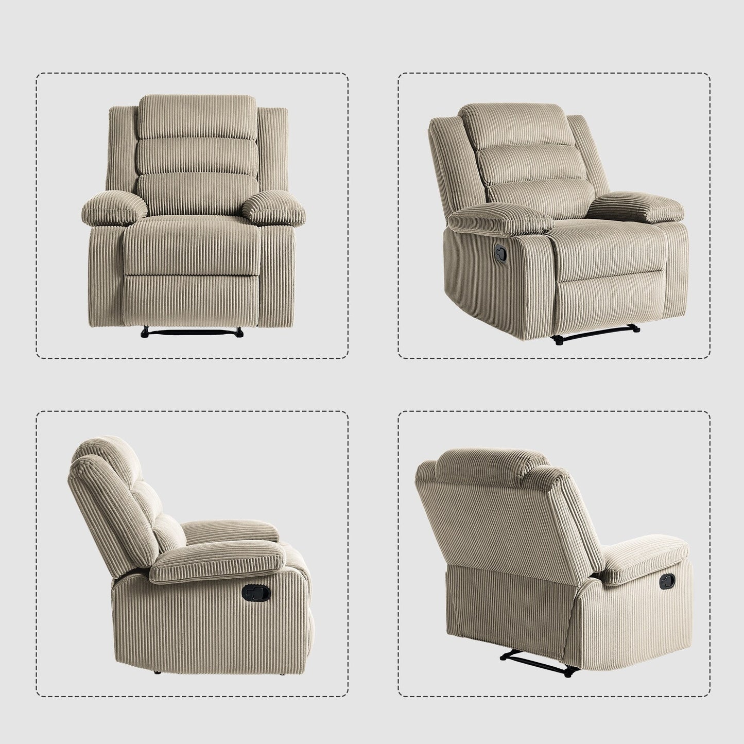 Fauteuil inclinable manuel moderne en velours côtelé, chaise longue inclinable réglable avec accoudoirs larges