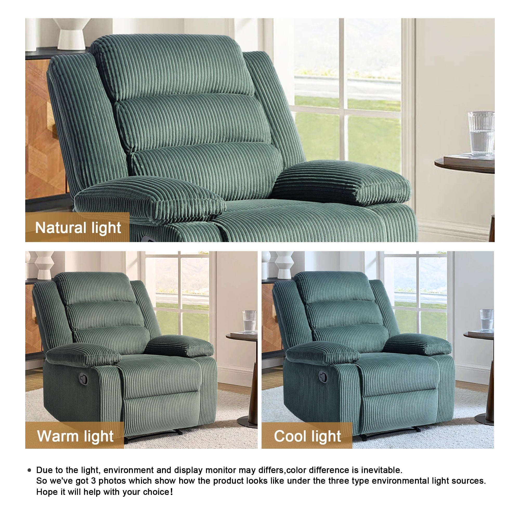 Fauteuil inclinable manuel moderne en velours côtelé, chaise longue inclinable réglable avec accoudoirs larges