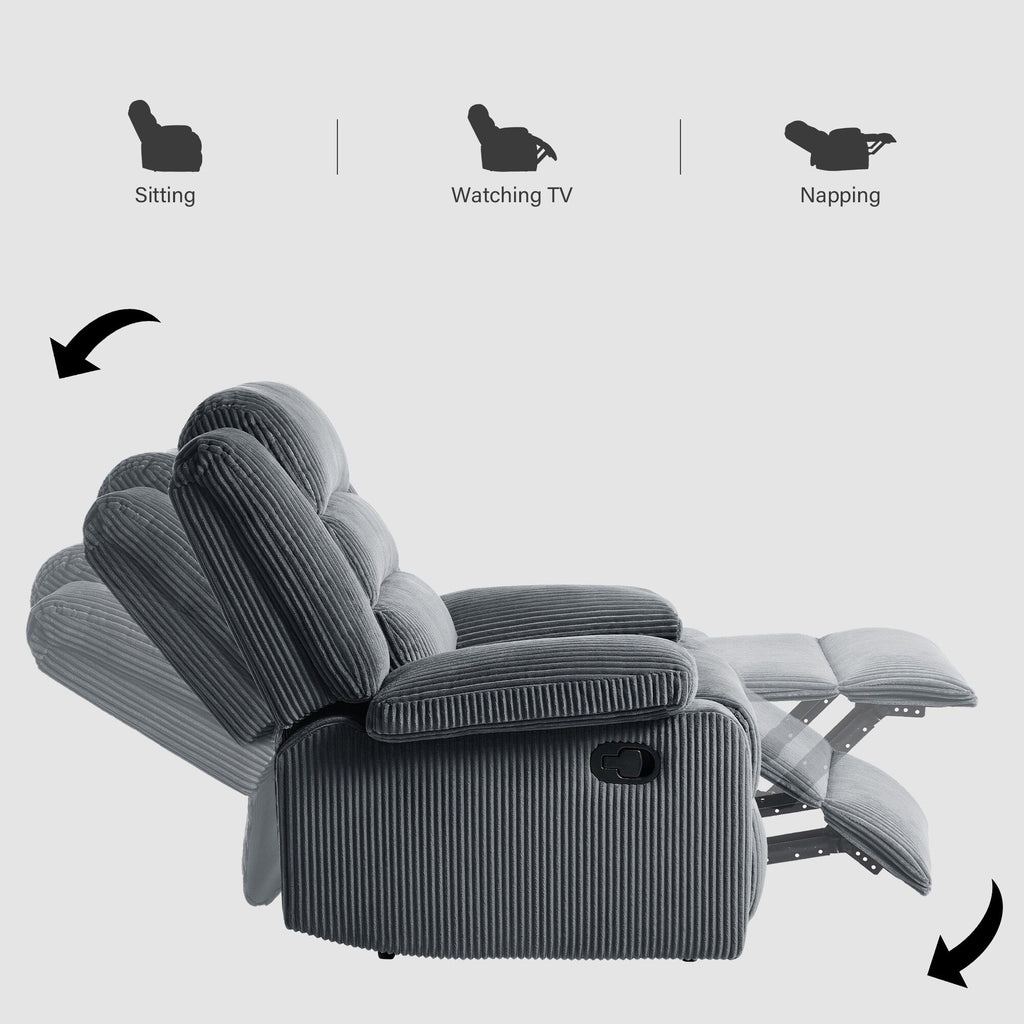 Fauteuil inclinable manuel moderne en velours côtelé, chaise longue inclinable réglable avec accoudoirs larges