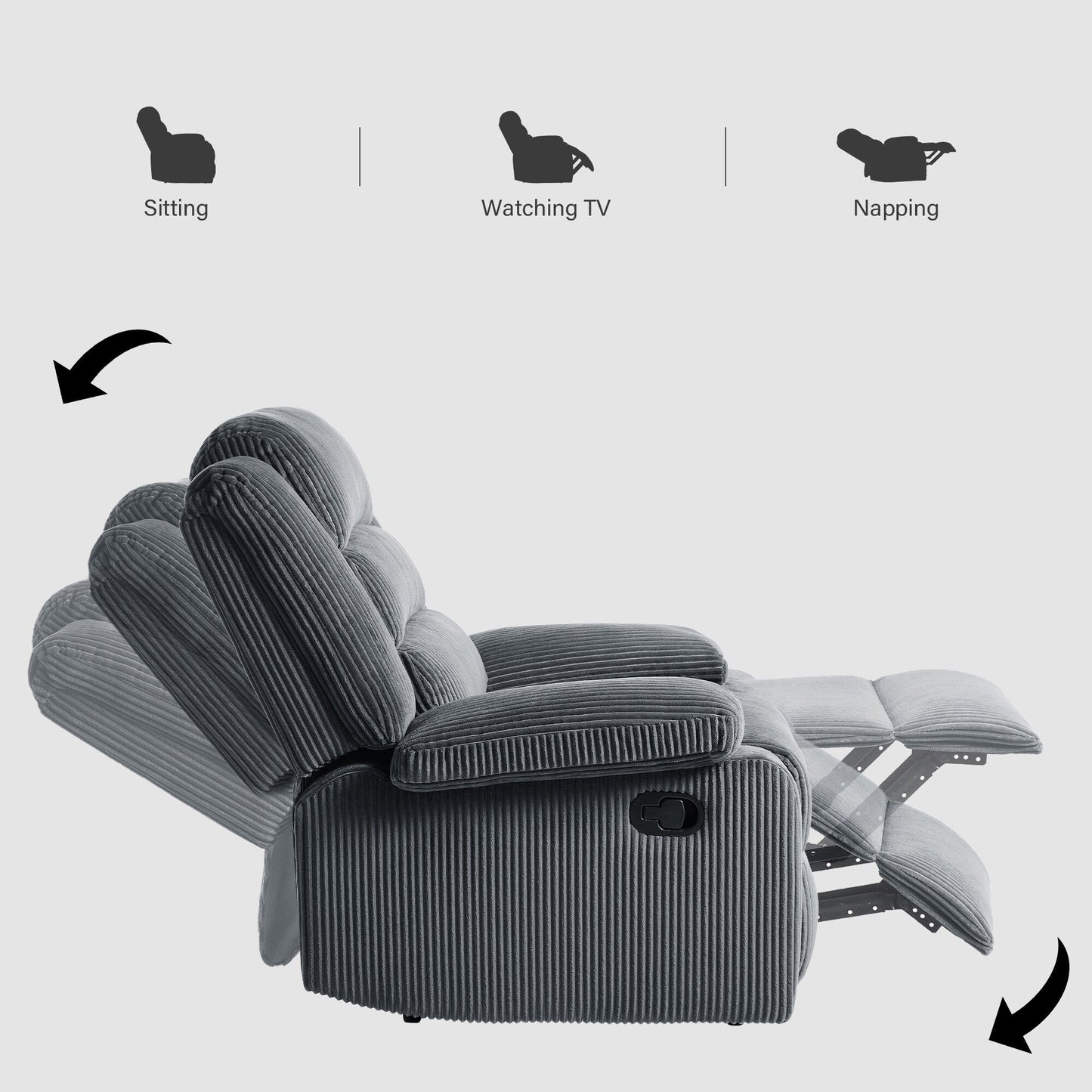 Fauteuil inclinable manuel moderne en velours côtelé, chaise longue inclinable réglable avec accoudoirs larges