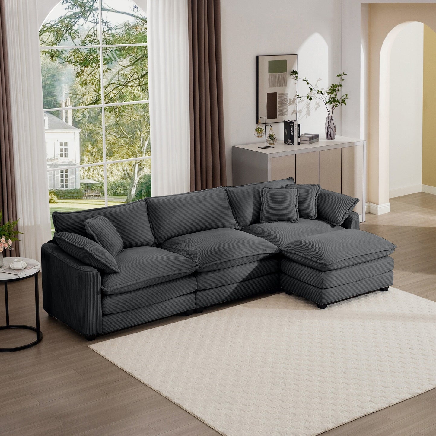 Canapé modulable moderne en velours côtelé, canapé 3 places à assise profonde avec pouf pour salon