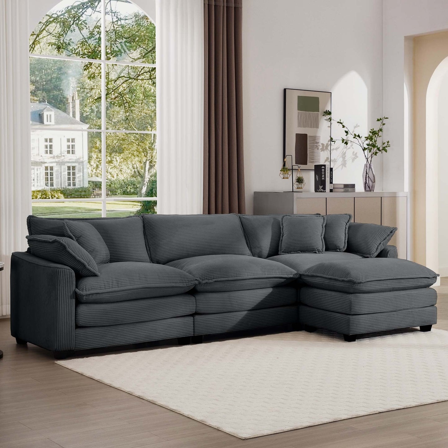 Canapé modulable moderne en velours côtelé, canapé 3 places à assise profonde avec pouf pour salon