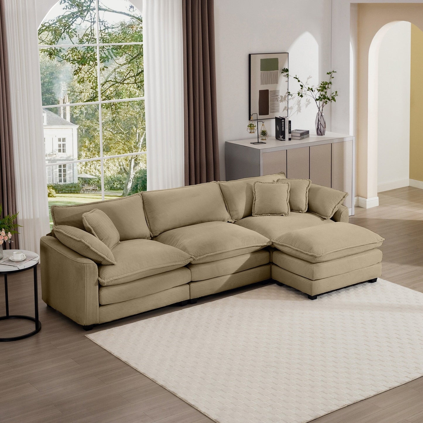 Canapé modulable moderne en velours côtelé, canapé 3 places à assise profonde avec pouf pour salon