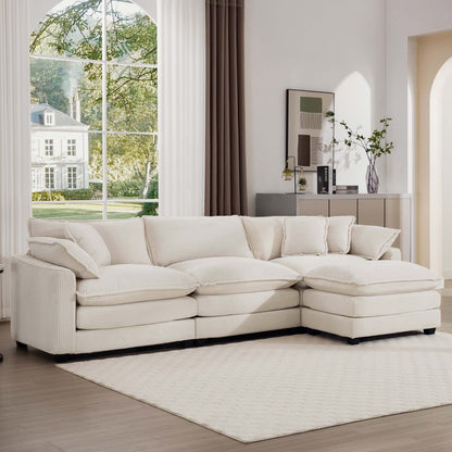 Canapé modulable moderne en velours côtelé, canapé 3 places à assise profonde avec pouf pour salon